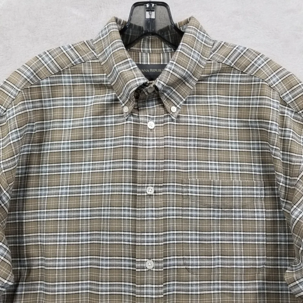 Banana Republic Shirt Men L Brown‎ Plaid Cotton Oxford Long Sleeve Dress Pocket